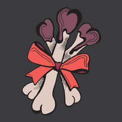 Halloween candy in the form of bones tied with a bow. Vector colorful illustration on a dark background