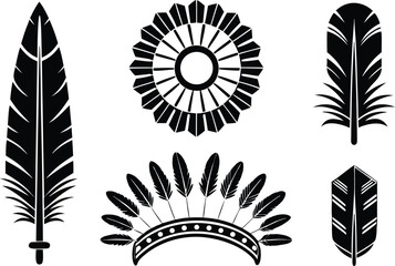Collection of native american feather designs and headdress elements