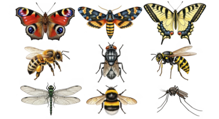 A collection of various insects isolated on transparent background
