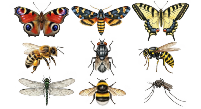 A collection of various insects isolated on transparent background