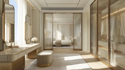 Bright, luxurious dressing room with wardrobe and makeup table, leading into bedroom area