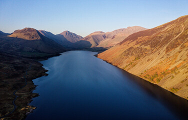 Over Wastwater and screes NE toward Wasdale Head, Kirk Fell, Great Gable and Scafell Pike. Lake District National Park, Cumbria. Spring evening light