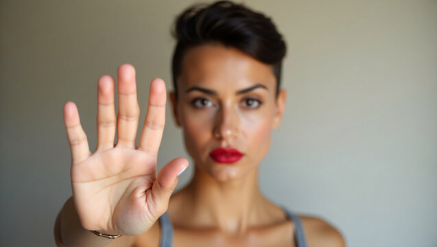 A woman holds out her hand to stop. She is looking towards the camera with a serious expression. The woman has short dark hair and red lipstick.  - Powered by Adobe