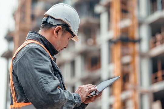 Construction worker uses software to manage tasks and track progress at construction site during daylight hours