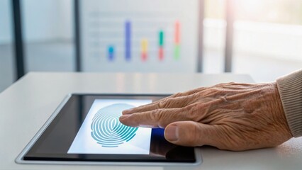 A person using a biometric scanner to register a fingerprint on a digital device with colorful graphs in the background.