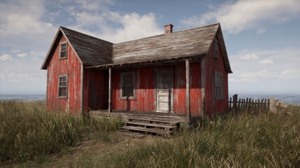 Obraz premium A rustic red wooden house stands on a grassy hill, surrounded by tall grass. The sky is partly cloudy, and the rural setting creates a serene atmosphere.