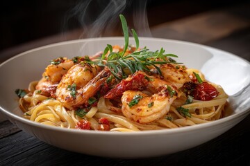 Fototapeta premium Italian gourmet prawn pasta served in a bowl with herbs and a touch of steam rising in a cozy dining atmosphere