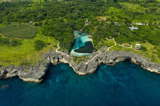 Approaching Waikuri Lagoon from the sea. Natural heart shaped Lagoon in West Sumba, Indonesia. Taken with a drone May 2025