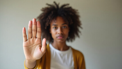 A woman makes a stop gesture by raising her hand. The woman stands firmly. She expresses rejection or a halt signal, her gaze conveys assertion