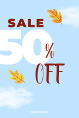 Bold fall sale flyer with clean typography, 50 percent off text and floating autumn leaves. Vector design for modern promotion. Vector illustration