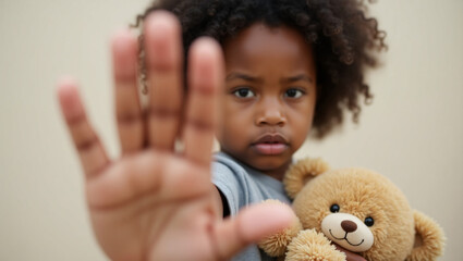 A young child with a teddy bear is making a stop gesture. The child's serious expression conveys a message of prohibition, emphasizing the importance of safeguarding children