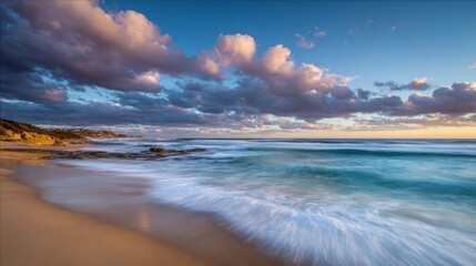Obraz premium Soft waves roll onto a tranquil beach as the sun sets, casting warm hues across the sky. Fluffy clouds add texture to the colorful horizon, creating a serene atmosphere.