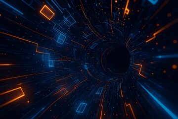 Obraz premium Abstract glowing blue tech tunnel with digital lines and floating data elements, perfect for technology, cyber, or futuristic concepts. Technology abstract background 3D Rendering