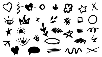 Hand drawn chalk and marker brush shapes vector set of doodles, symbols, words, arrows, scribbles, shapes and symbols on png transparent background. black and white abstract icons vintage