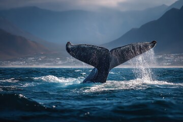 Obraz premium Humpback whale gracefully lifts its majestic tail above the water in a breathtaking display near coastal mountains at dawn