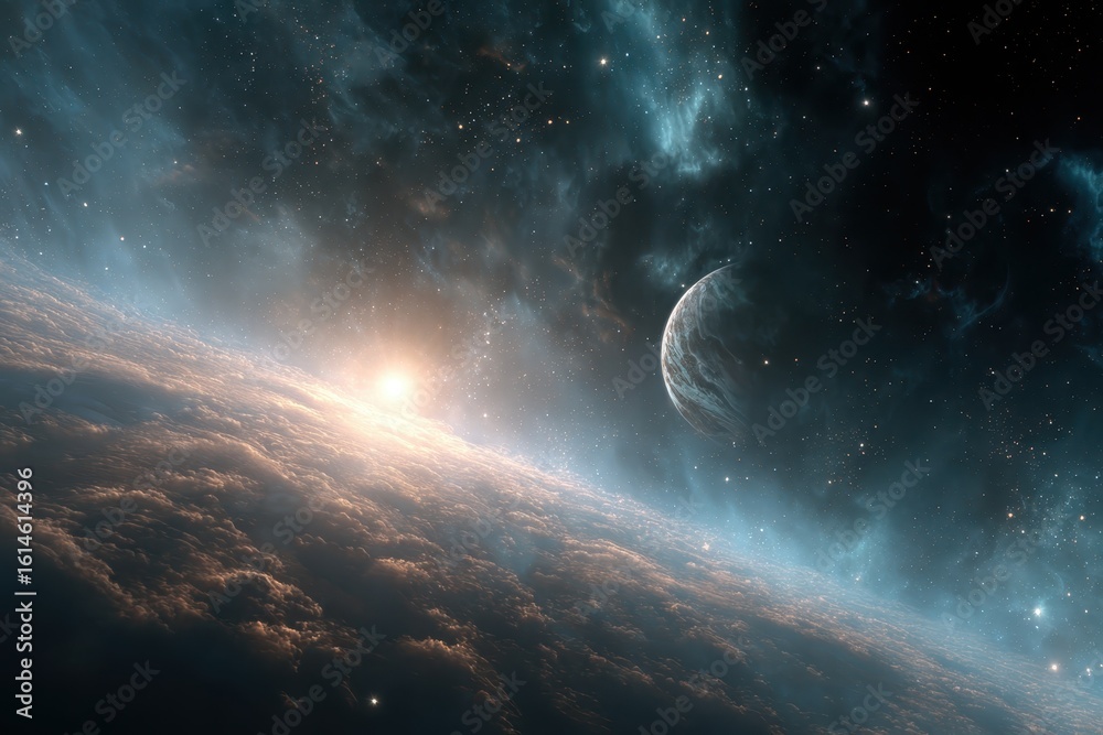 Poster exploration of deep space with vibrant colors illuminating a distant planet and cosmic clouds at daw