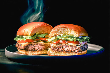Delicious grilled cheeseburgers with fresh vegetables and steaming buns on dark background