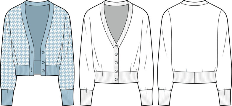 CAD drawing flat vector illustration of women's cropped cardigan sweater with front, back, and side views, button-down, knit, long sleeve