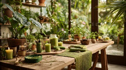 Fototapeta premium Tactile Green Houseplants in Textured Ceramic Flowerpots – Sustainable Craft Visual for Eco-Friendly Food and Wellness Branding