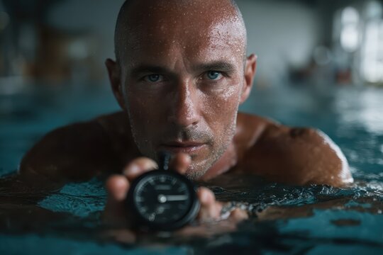 Swimming coach focused on timing athletes in the pool with a stopwatch during training session