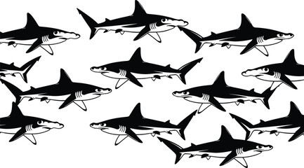 Seamless pattern of swimming sharks, black and white marine animal design, underwater predator wallpaper, ocean wildlife background, sea creature illustration, dangerous fish concept