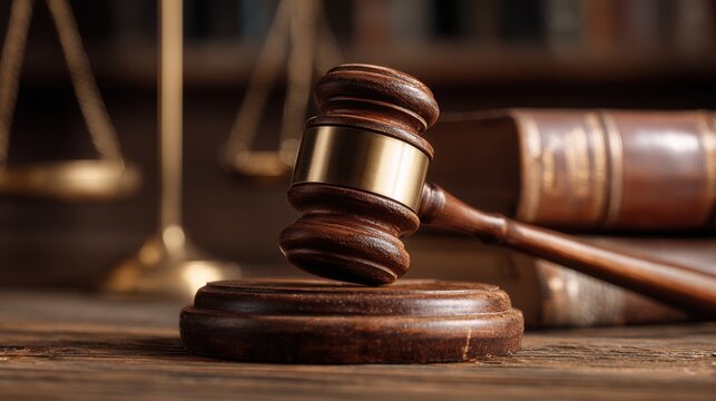 A gavel lies on a wooden sound block, surrounded by law books and the scales of justice. This setting captures the essence of legal proceedings in a courtroom during the day.