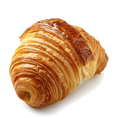 Golden, flaky croissant with a glossy finish, isolated on a white background