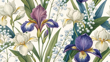 Seamless floral pattern with Iris and Lily of the Valley. Highly detailed, bright colors. Designed for textile printing. Repeating pattern. High resolution.