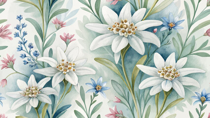 Seamless floral pattern. Highly detailed Edelweiss flowers. Hand-painted watercolor style. Designed for textile print or wallpaper.