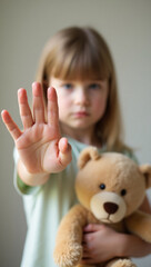 A little girl holding a teddy bear, making a stop sign with her hand