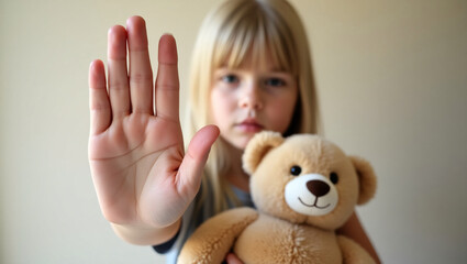 A young girl is holding a stuffed teddy bear with her hand up, signaling stop
