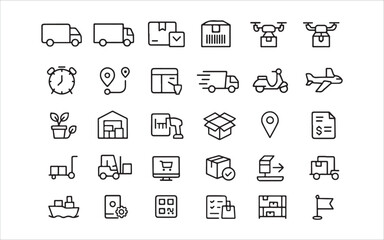 Delivery & Logistics Line Icons – Van, Package, Route, GPS, Drone, and Transport Signs