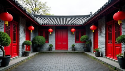 Timeless Chinese Courtyard Vibrant Red Doors and Lanterns Against Grey Walls a Harmonious Blend of Tradition and Tranquility