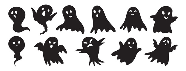 scary funny ghosts silhouette with faces set. Ghost Halloween decorative elements. Halloween silhouettes black ghost character