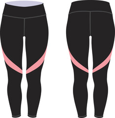 cad drawing flat vector illustration, black leggings with pink stripe, front and back view, athletic wear design, fitness pants template