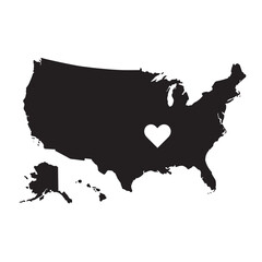 Heart symbol overlined on a black and white vector map of the united states of america