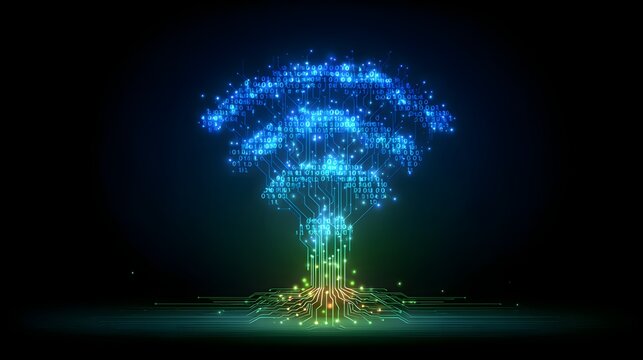 Digital tree with glowing Wi-Fi symbol, representing technology, connectivity, wireless internet, digital growth, and network communication. - Powered by Adobe