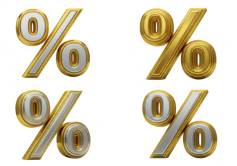 Four metallic percentage signs, two gold and silver, two silver and gold, isolated on a transparent background