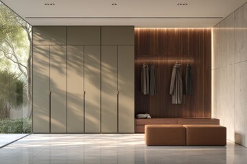 Modern entryway with tall closets, wood accent, marble floor, and light from an exterior view