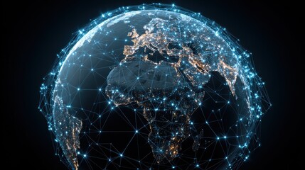 Digital globe interconnected with network lines, symbolizing global connectivity and technology.