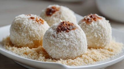 Spherical coconut sweets are artistically arranged on a white dish. Each treat is covered in shredded coconut and rests on a bed of crushed texture, creating an enticing dessert display.