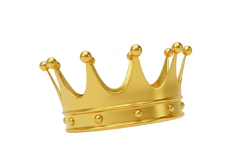 A single, ornate gold crown with decorative spheres, tilted and isolated on a transparent background