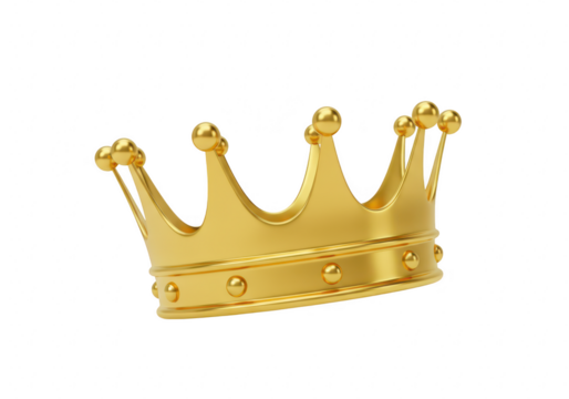 A single, ornate gold crown with decorative spheres, tilted and isolated on a transparent background