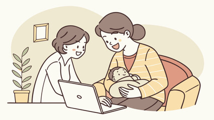 Illustration of mother holding baby while friend works on laptop home office setting design