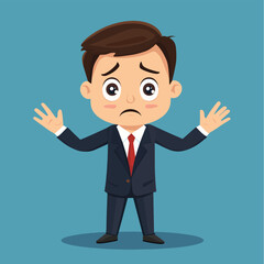Cartoon businessman in suit showing strong aversion, disapproval, and rejection with hands raised, expressing negative reaction, discomfort, and refusal in unpleasant situation