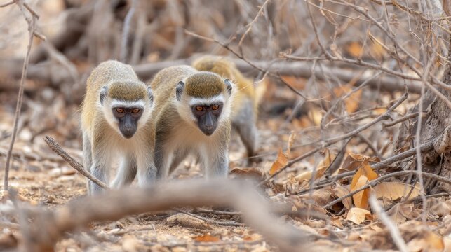 Two vervet monkeys are seen walking closely together on the ground of a dry forest, surrounded by fallen leaves and branches under a bright sun in Africa. - Powered by Adobe