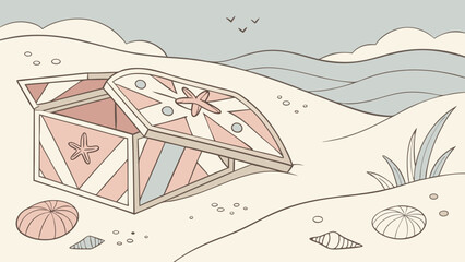 Treasure chest on beach illustration with starfish shells and sand dunes drawing for children coloring book page