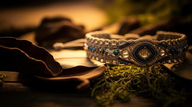 Close-up of a handmade macrame bracelet with beads and crystal, boho style jewelry on moss and leaf with moody lighting.
