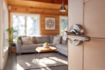 Ajar door reveals sunlit living room with sofa