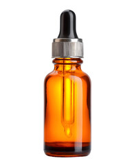 Amber glass dropper bottle with orange liquid isolated on transparent background